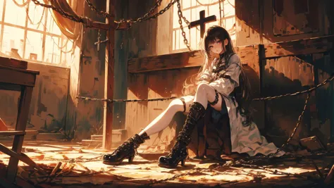 anime girl sitting on a chair in a room with chains