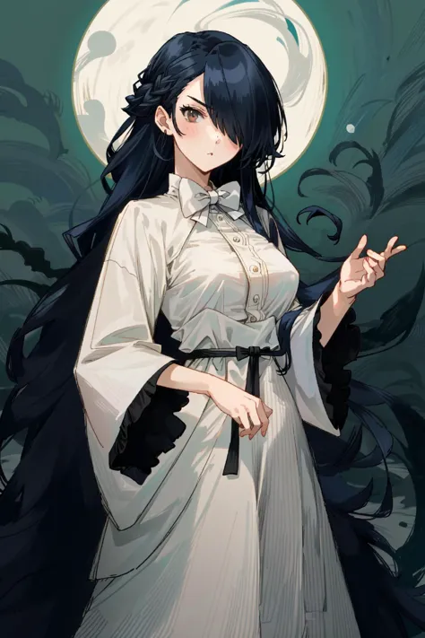 a woman in a white dress holding a cigarette in front of a full moon