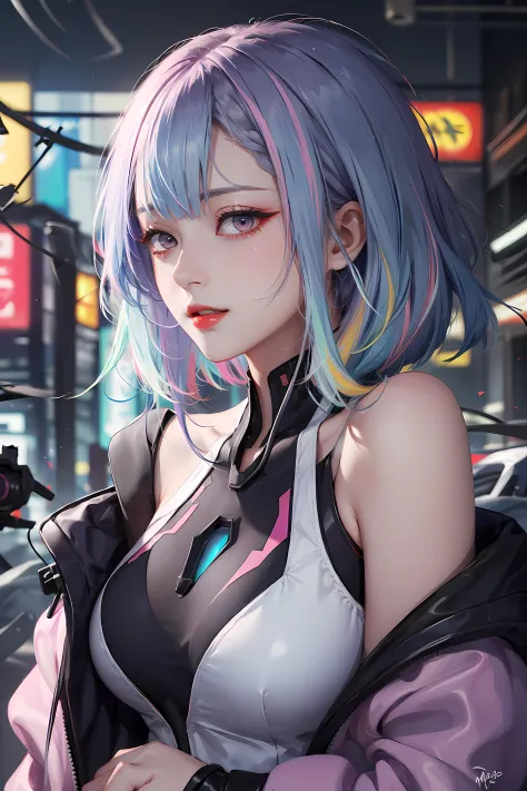 (masterpiece, best quality:1.3), lucy, 1girl, (multicolored hair:1.4), lucy (cyberpunk), cyberpunk,( bare shoulders:0.8), (smile:0.6), looking at viewer, solo focus, bangs, red lips, , red eyeliner, elder sister, colorful hair, (profile:0.6),<lora:lucy0ax0...