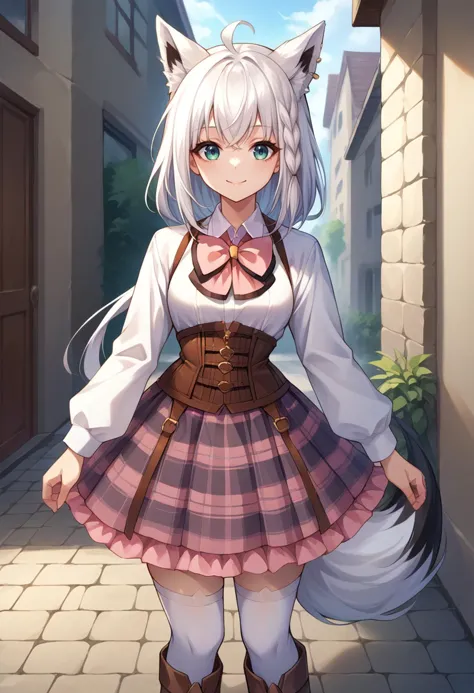 anime girl in a skirt and cat ears standing in a alley