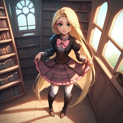 a close up of a cartoon girl in a library with books