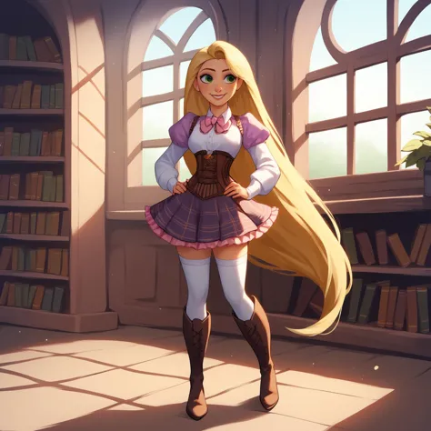 a cartoon girl with long blonde hair standing in a library