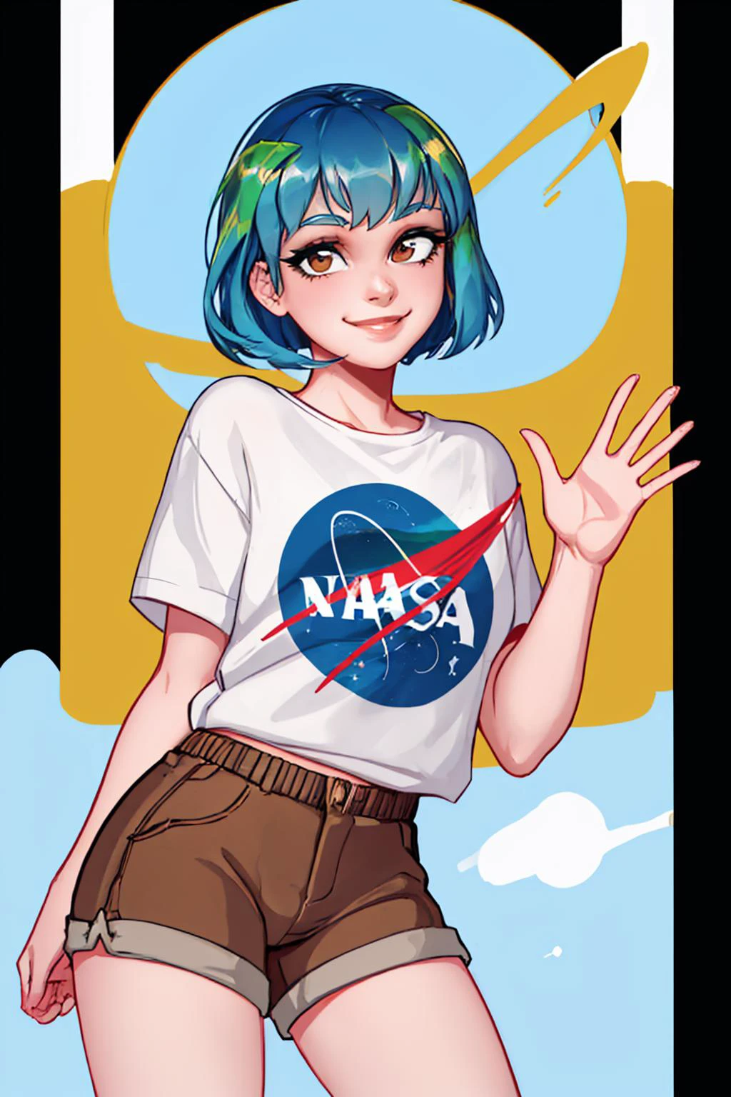 (masterpiece, best quality:1.2), solo, 1girl, earth-chan, smile, looking at viewer, waving, white shirt, short sleeves, brown shorts, outer space 