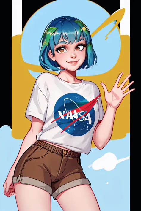 a woman with blue hair and a nasa t - shirt