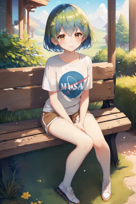 (masterpiece, best quality:1.2), solo, 1girl, earth-chan, smile, looking at viewer, sitting, bench, white shirt, short sleeves, ...