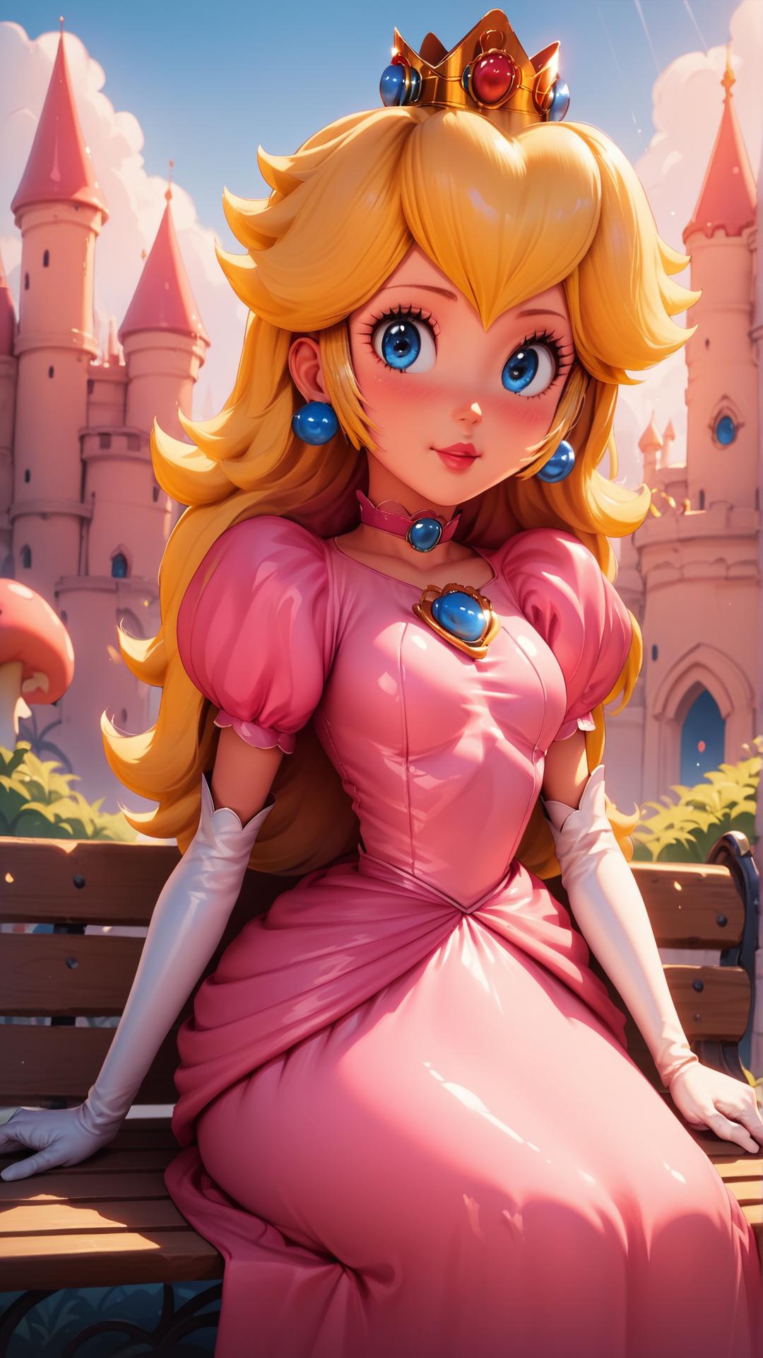 A close up of a princess sitting on a bench in front of a castle - SeaArt AI