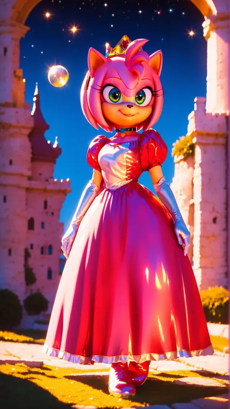 a cartoon cat girl in a pink dress standing in front of a castle