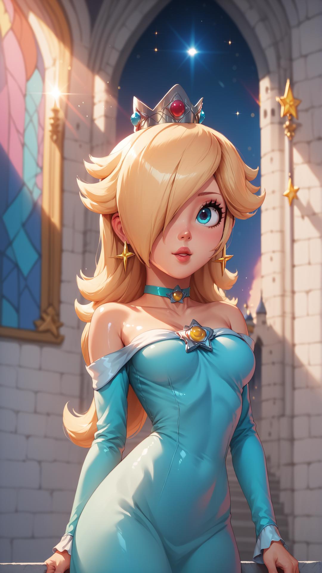 A cartoon princess in a blue dress standing in front of a castle - SeaArt AI