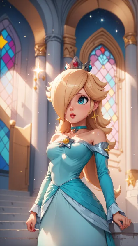 score_9,score_8_up,score_7_up,score_6_up,score_5_up,score_4_up BREAK <lora:Princess_Peach_Shiny_Style_V2:0.9>,skinny,choker,medium breasts,detached sleeves,castle,indoors,shiny skin,bokeh,bloom,indoors,light particles,princess rosalina,castle,space,