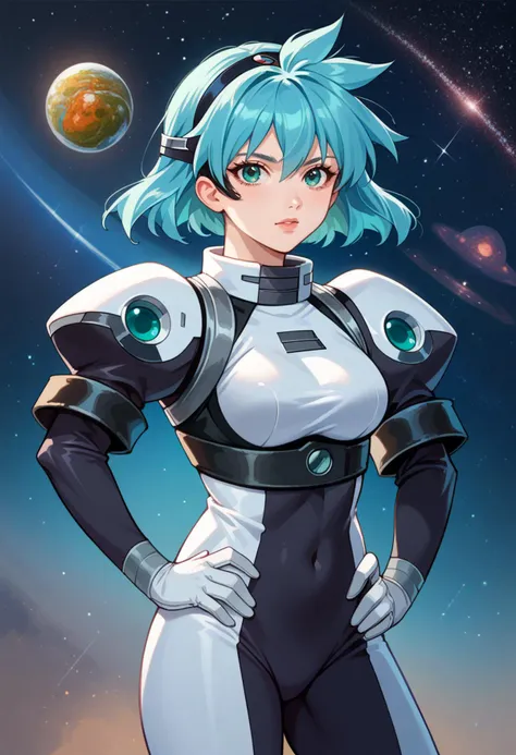 score_9, score_7_up,  break   <lora:meiagisbornpdxl_v1-manityro-came:1> mgisb, aqua eyes, aqua hair, short hair, medium breasts,...