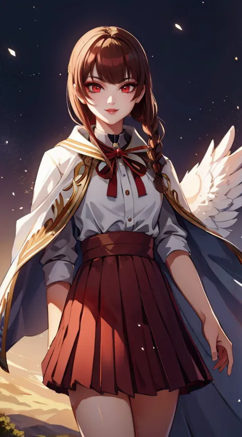 a girl in a short skirt and cape with wings