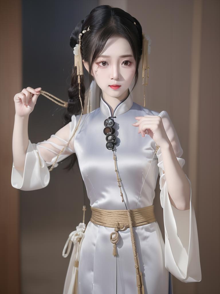 A woman in a white dress holding chopsticks and chopsticks - SeaArt AI