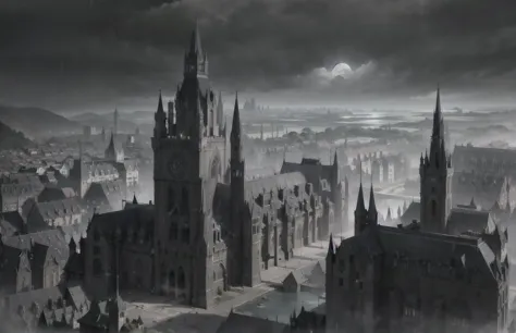 ((masterpiece, best quality)), absurdres, ((detailed background)), ((ultra detailed)), view from above, wide angle, (medieval city:1.3), gothic, (gothic city:1.6), (huge cathedral with high towers:1.2), stone walls with towers, spikes, many medieval homes with chimneys, smoke from chimneys,(castle:1.5), (gothic palace:1.2), (clocktower:1.3), sea port, (ships:1.1), at night, moon, moonlight, rain, landscape, detailed background, medieval, dark fantasy, cloudy sky, dark, torchlights, overpopulated, many details, city, fantasy, realistic lightning, (black stone), scenery,aerial view,((panoramic view)), <lora:gothichorrorai_v10:0.5>, river, ships,
detailed lighting, realistic colours, vivid colours, the most beautiful form of chaos, elegant,romanticism, ecstasy of light and shadow, deep shadow, (low key:1.3), (dark theme:1.3),
rain, raining, drops, in the rain,
<lora:lowkey_v1.1:0.7>,
 <lora:Showeringv2:0.7>