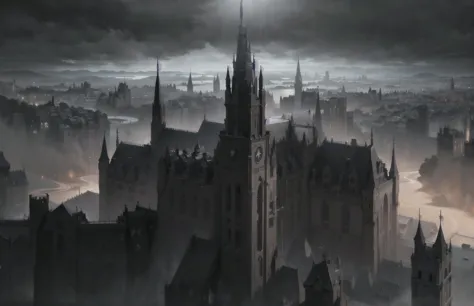 ((masterpiece, best quality)), absurdres, ((detailed background)), ((ultra detailed)), view from above, wide angle, (medieval city:1.3), gothic, (gothic city:1.6), (huge cathedral with high towers:1.2), stone walls with towers, spikes, many medieval homes with chimneys, smoke from chimneys,(castle:1.5), (gothic palace:1.2), (clocktower:1.3), sea port, (ships:1.1), at night, moon, moonlight, rain, landscape, detailed background, medieval, dark fantasy, cloudy sky, dark, torchlights, overpopulated, many details, city, fantasy, realistic lightning, (black stone), scenery,aerial view,((panoramic view)), <lora:gothichorrorai_v10:0.5>, river, ships,
detailed lighting, realistic colours, vivid colours, the most beautiful form of chaos, elegant,romanticism, ecstasy of light and shadow, deep shadow, (low key:1.3), (dark theme:1.3),
rain, raining, drops, in the rain,
<lora:lowkey_v1.1:0.7>,
 <lora:Showeringv2:0.7>