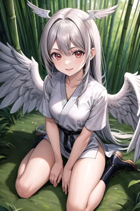 anime girl with angel wings sitting on the ground