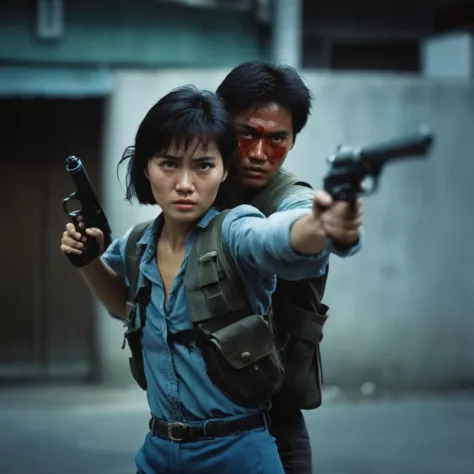 cinematic film still of  <lora:Hong Kong action cinema style:1>
 <lora:Kodak Motion Picture Film Style v4:0.3>
In the 1980's In Hong Kong China a woman with  two guns in two hands and a bloody face,solo,black hair,1boy,holding,weapon,male focus,holding weapon,blurry,vest,gun,blood,depth of field,heterochromia,backpack,holding gun,handgun,dual wielding,blood on face,aiming at viewer,shoulder holster,Asian,cinematic,action-themed,violence,aim,aiming,pointing,Kodak,Film style,movie style,film grain,film contrast,action packed,serious,stunt,Hong Kong action cinema style,Asian,cinematic,action-themed,violence,aim,aiming,pointing,Kodak,Film style,movie style,film grain,film contrast,action packed,serious,stunt,Hong Kong action cinema style, shallow depth of field, vignette, highly detailed, high budget, bokeh, cinemascope, moody, epic, gorgeous, film grain, grainy