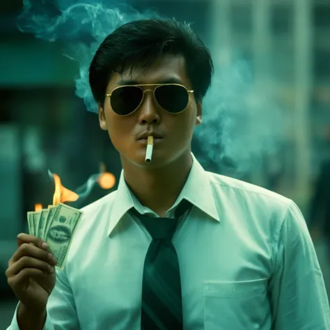 cinematic film still of  <lora:Hong Kong action cinema style:1>
In the 1980's In Hong Kong China a man in sunglasses holding a b...