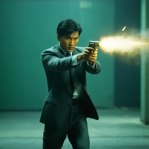 cinematic film still of  In the 1980's In Hong Kong China a man in a suit shooting a gun with big muzzle flash coming from gun barrel,solo,black hair,1boy,holding,weapon,male focus,necktie,holding weapon,gun,formal,suit,holding gun,handgun,firing,revolver,Asian,cinematic,action-themed,violence,aim,aiming,pointing,Kodak,Film style,movie style,film grain,film contrast,action packed,serious,stunt,Hong Kong action cinema style,Asian,cinematic,action-themed,violence,aim,aiming,pointing,Kodak,Film style,movie style,film grain,film contrast,action packed,serious,stunt,Hong Kong action cinema style, shallow depth of field, vignette, highly detailed, high budget, bokeh, cinemascope, moody, epic, gorgeous, film grain, grainy