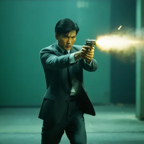 cinematic film still of  <lora:Hong Kong action cinema style:1>
 <lora:Kodak Motion Picture Film Style v4:0.3>
In the 1980's In Hong Kong China a man in a suit shooting a gun with big muzzle flash coming from gun barrel,solo,black hair,1boy,holding,weapon,male focus,necktie,holding weapon,gun,formal,suit,holding gun,handgun,firing,revolver,Asian,cinematic,action-themed,violence,aim,aiming,pointing,Kodak,Film style,movie style,film grain,film contrast,action packed,serious,stunt,Hong Kong action cinema style,Asian,cinematic,action-themed,violence,aim,aiming,pointing,Kodak,Film style,movie style,film grain,film contrast,action packed,serious,stunt,Hong Kong action cinema style, shallow depth of field, vignette, highly detailed, high budget, bokeh, cinemascope, moody, epic, gorgeous, film grain, grainy