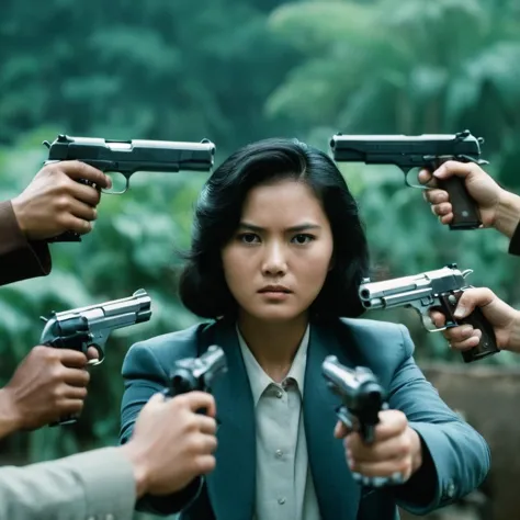 電影般的 film still of  In the 1980's In Hong Kong China a woman surrounded by a bunch of 槍s in hands,1個女孩,看著觀眾,黑髮,保持,武器,multiple different 男孩們,領帶,僅對焦,保持 武器,槍,正式的,套裝,保持 槍,hand槍,雙持,6+男孩們,多隻手,很多手,many 武器s,實際的,觸發紀律,左輪手槍,手指放在扳機上,m1911,槍 to head,亞洲人,電影般的,動作主題,暴力,目的,目的ing,指點,柯達,電影風格,電影風格,膠片顆粒,膠卷對比,動作豐富,嚴肅的,特技,香港動作片風格,亞洲人,電影般的,動作主題,暴力,目的,目的ing,指點,柯達,電影風格,電影風格,膠片顆粒,膠卷對比,動作豐富,嚴肅的,特技,香港動作片風格,multiple 男孩們, 淺景深, 小插圖, 非常詳細, 高預算, 散景, 寬銀幕電影, 喜怒無常, 史詩, 華麗的, 膠片顆粒, 有顆粒感的