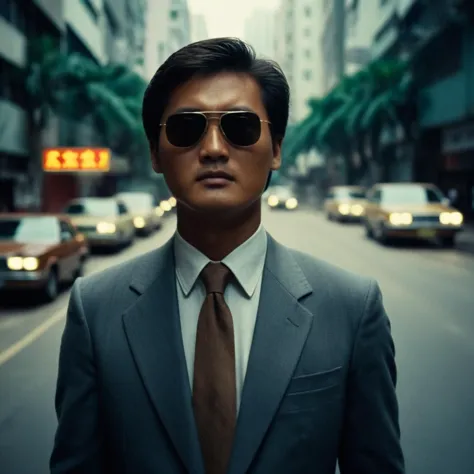 cinematic film still of  <lora:Hong Kong action cinema style:1>
In the 1980's In Hong Kong China a man in a suit and sunglasses ...