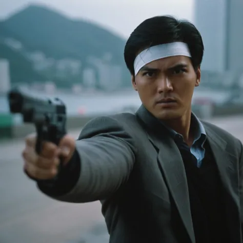 cinematic film still of  <lora:Hong Kong action cinema style:1>
 <lora:Kodak Motion Picture Film Style v4:0.3>
In the 1980's In Hong Kong China a man pointing a gun at camera with a piece of bandage tape on his forehead,1hand,single hand,solo,black hair,long sleeves,1boy,holding,upper body,weapon,male focus,holding weapon,blurry,black eyes,gun,blood,depth of field,blurry background,holding gun,handgun,blurry foreground,Asian,cinematic,action-themed,violence,aim,aiming,pointing,Kodak,Film style,movie style,film grain,film contrast,action packed,serious,stunt,Hong Kong action cinema style,Asian,cinematic,action-themed,violence,aim,aiming,pointing,Kodak,Film style,movie style,film grain,film contrast,action packed,serious,stunt,Hong Kong action cinema style, shallow depth of field, vignette, highly detailed, high budget, bokeh, cinemascope, moody, epic, gorgeous, film grain, grainy