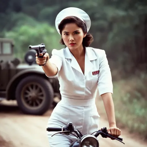 cinematic film still of  In the 1980's In Hong Kong China a woman in a white nurse uniform bodysuit holding a ww2 gun,1girl,solo,breasts,brown hair,hat,weapon,blurry,gun,blood,ground vehicle,motor vehicle,handgun,realistic,nurse cap,nurse,riding,motorcycle,Asian,cinematic,action-themed,violence,aim,aiming,pointing,Kodak,Film style,movie style,film grain,film contrast,action packed,serious,stunt,Hong Kong action cinema style,Asian,cinematic,action-themed,violence,aim,aiming,pointing,Kodak,Film style,movie style,film grain,film contrast,action packed,serious,stunt,Hong Kong action cinema style, shallow depth of field, vignette, highly detailed, high budget, bokeh, cinemascope, moody, epic, gorgeous, film grain, grainy