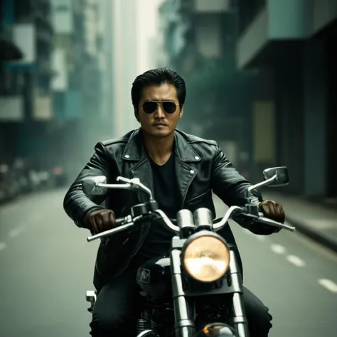 cinematic film still of  <lora:Hong Kong action cinema style:1>
 <lora:Kodak Motion Picture Film Style v4:0.3>
In the 1980's In Hong Kong China a man in sunglasses riding a motorcycle down a road while shooting with a gun from behin,solo,brown hair,gloves,1boy,jacket,male focus,outdoors,blurry,black jacket,black shirt,blurry background,facial hair,sunglasses,ground vehicle,motor vehicle,realistic,stubble,leather,motorcycle,leather jacket,aviator sunglasses,Asian,cinematic,action-themed,violence,aim,aiming,pointing,Kodak,Film style,movie style,film grain,film contrast,action packed,serious,stunt,Hong Kong action cinema style,Asian,cinematic,action-themed,violence,aim,aiming,pointing,Kodak,Film style,movie style,film grain,film contrast,action packed,serious,stunt,Hong Kong action cinema style, shallow depth of field, vignette, highly detailed, high budget, bokeh, cinemascope, moody, epic, gorgeous, film grain, grainy