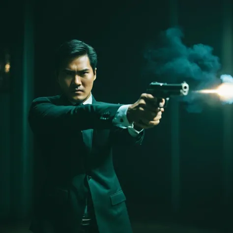 cinematic film still of  <lora:Hong Kong action cinema style:1>
In Hong Kong China a man in a suit holding two guns in a dark ro...