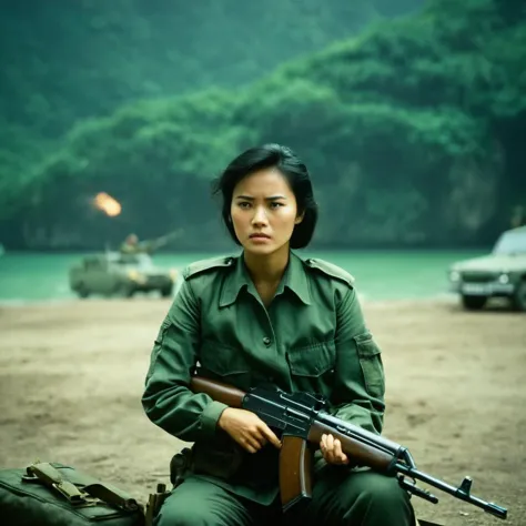 arafed woman in military uniform holding a rifle and sitting on a rock