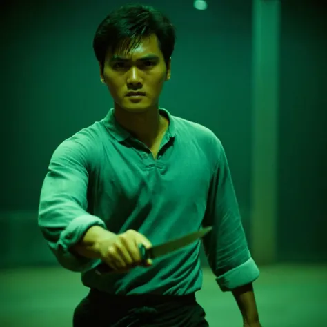 cinematic film still of  <lora:Hong Kong action cinema style:1>
In the 1980's In Hong Kong China a man holding a knife in his ha...