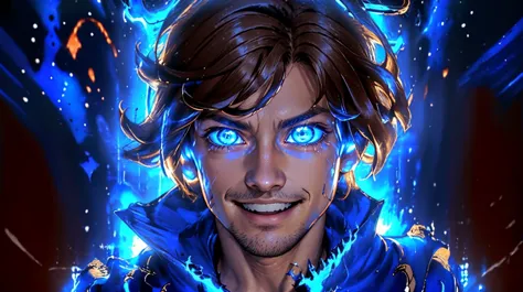 a close up of a man with blue eyes and a blue jacket