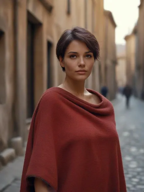 woman with short hair, in the (poncho:1.3), on the street of ancient Roma,  <lora:IrinaT:0.7>,    <lora:HBB2:1>,  cinematic film...