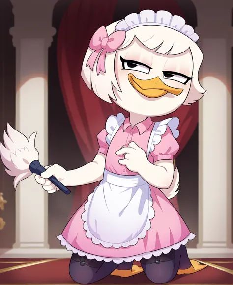 a cartoon duck dressed in a pink dress holding a broom