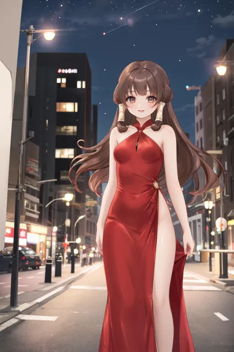 <lora:hairtube2:0.6>, (hair tubes), lips, smile, outdoors, city, night, evening gown, red dress, brown hair, long hair, small br...