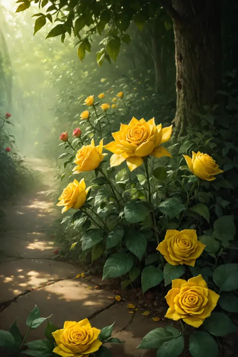 yellow roses are growing in a garden with a path