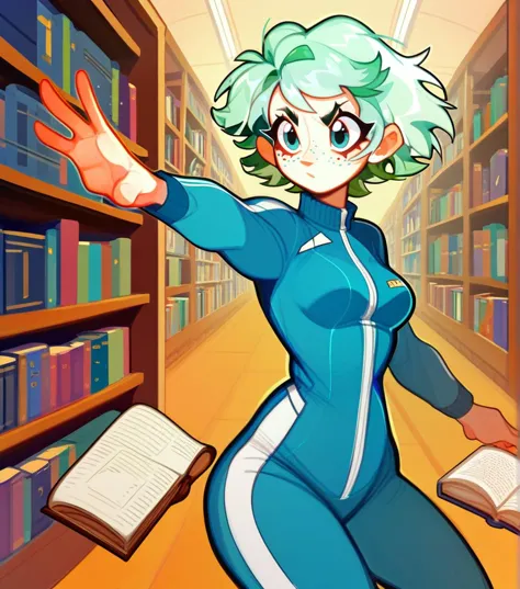 a cartoon image of a woman in a blue suit is running through a library