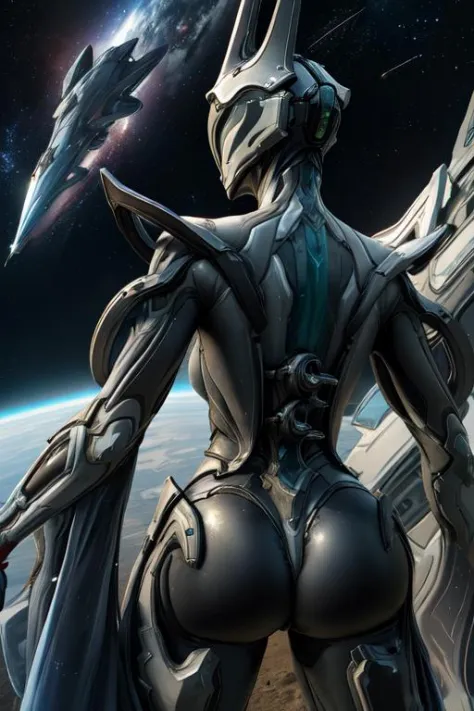 Equinox, helmet,  robe,  tights, wide sleeves, 
 upper body, standing,  large breasts,  cowboy shot, 
 solo, space ship, stars,  warframe,   cameltoe,  from behind,  ass, 
(insanely detailed, masterpiece, best quality) 
 <lora:Equinox:0.7>