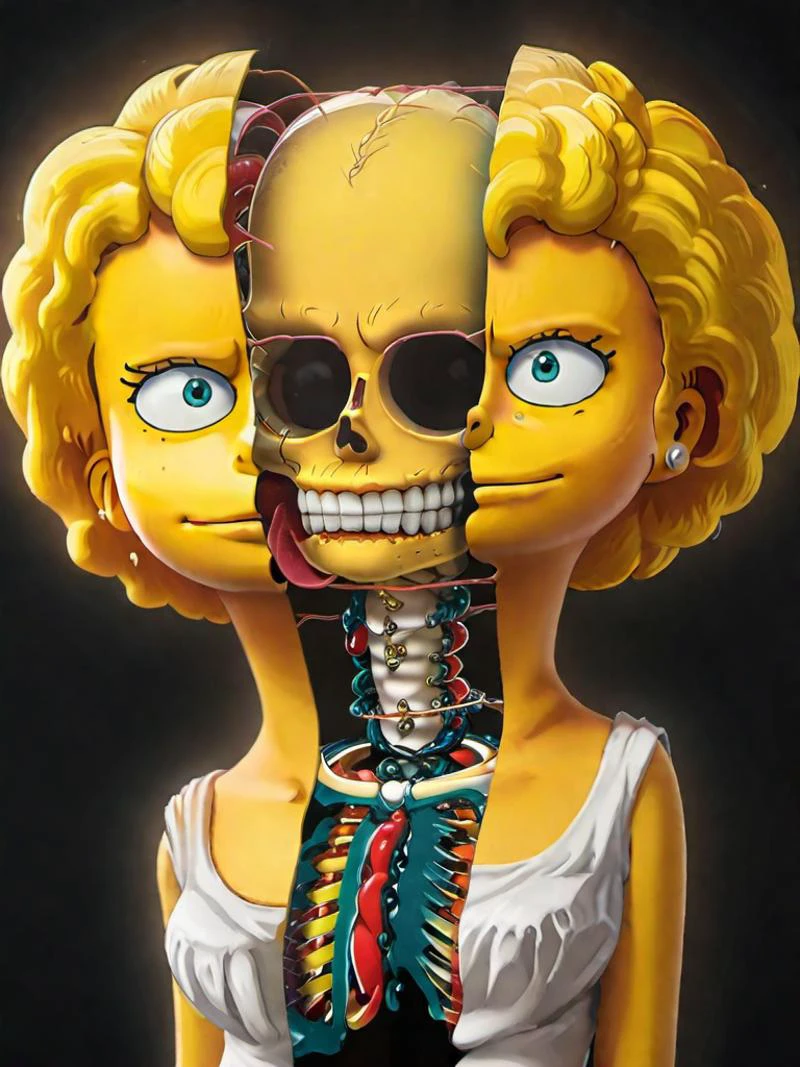 looking at viewer split head and body of a Lisa Simpson, inside a skeleton, subsurface scattering, ultra hd, 4k, high def, Photorealistic, Hyperrealistic, Hyper detailed, analog style, realistic, masterpiece, best quality, ultra realistic, 8k, Intricate, High Detail, film photography, soft lighting,  heavy shadow