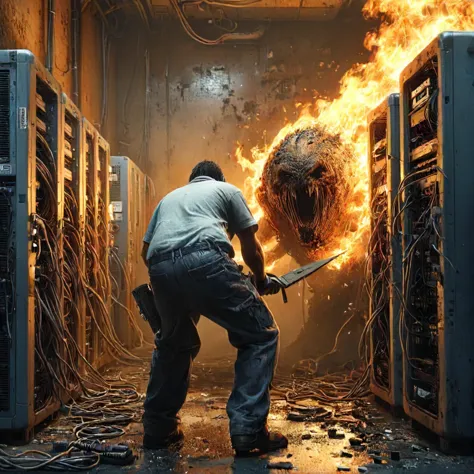 backside, a professional worker is fighting against an epic (server:1.1), (server-room:1.3), background in flames, server, cable...