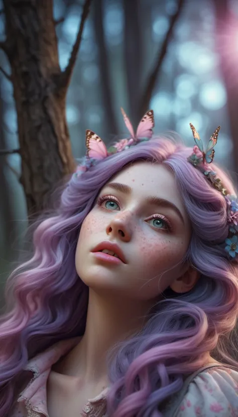 a woman with purple hair and butterfly crowns in a forest