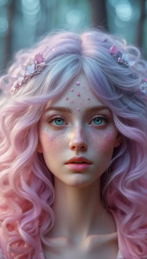 a woman with pink hair and a crown of stars on her head