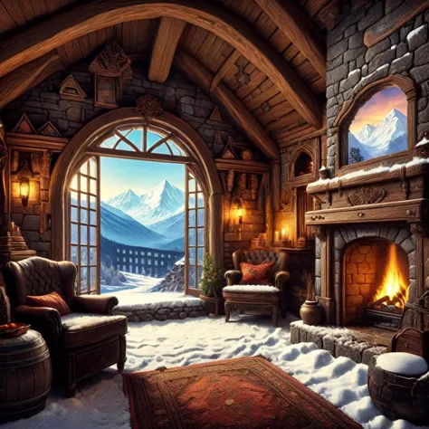 fantasy cozy cottage, fireplace, window, snow mountains in the background, 1980s fantasy style, Masterpiece realistic, best high...