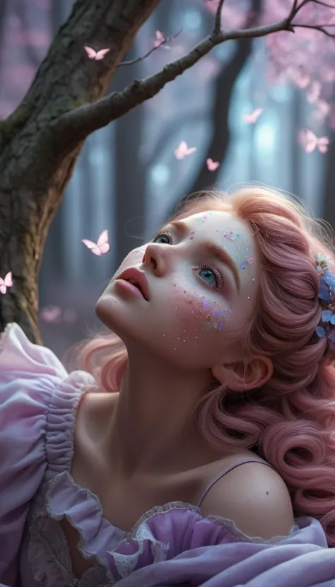 a close up of a woman with pink hair and a butterfly in her hair