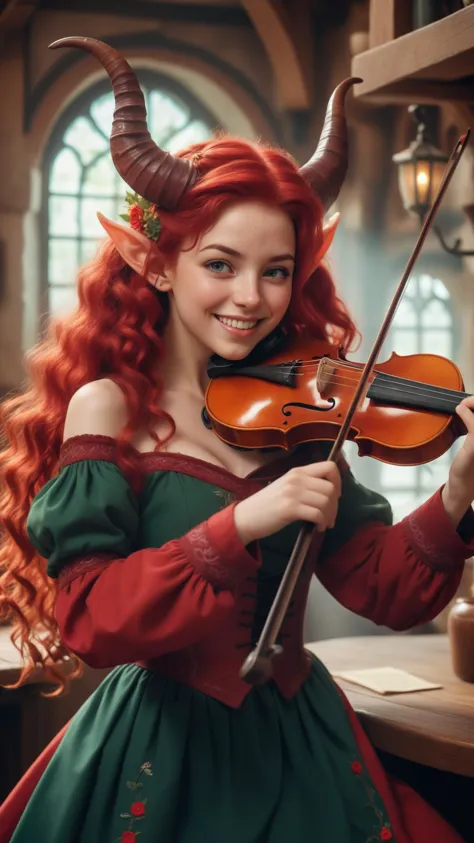 a close up of a woman in a dress playing a violin