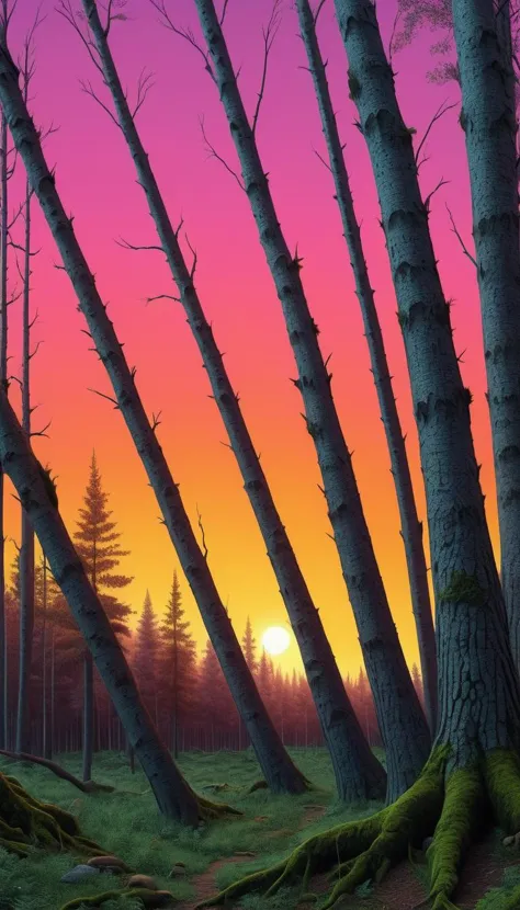 a painting of a forest with trees and a sunset in the background