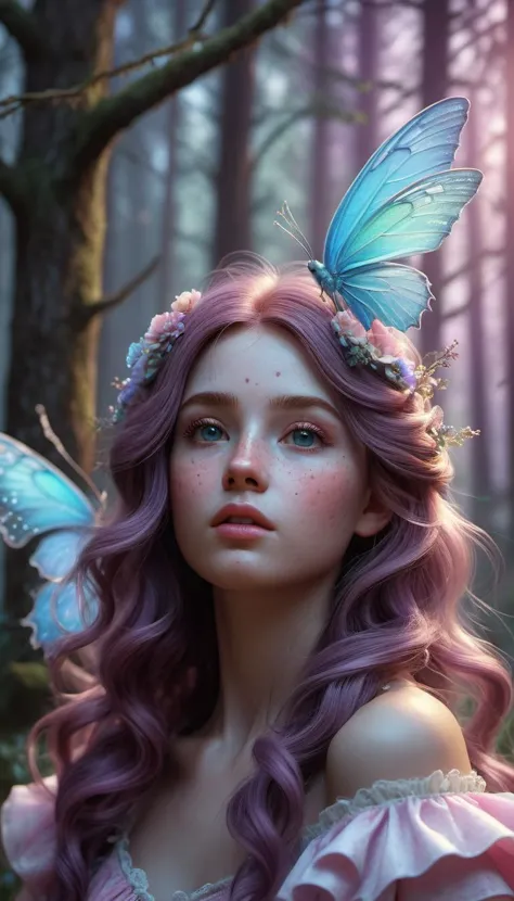 a woman with purple hair and butterfly wings in a forest