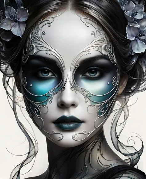 mejor calidad, pintura digital, extremely Liso, fluid, soñador, Liso, Reluciente, soñador glow, arte de tinta coloreada estilizada por Anna Dittmann, Arturo Rackham, Wet black and white color inks line art soñador feminine face mask, Máscara de la muerte, upper half of mask frontal with Liso ceramic plastic surface, ilustración de lienzo negro, estilo fractal, ((máscara flotante)), ((solo mascara)), sede, Modificadores 4K: 4K 3D