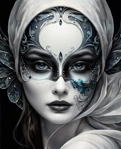 mejor calidad, pintura digital, extremely Liso, fluid, soñador, Liso, Reluciente, soñador glow, arte de tinta coloreada estilizada por Anna Dittmann, Arturo Rackham, Wet black and white color inks line art soñador feminine face mask, Máscara de la muerte, upper half of mask frontal with Liso ceramic plastic surface, ilustración de lienzo negro, estilo fractal, ((máscara flotante)), ((solo mascara)), sede, Modificadores 4K: 4K 3D