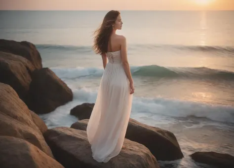 uma garota, sozinho, em um vestido, de frente para o oceano e a água, com cabelo comprido, em um ambiente ao ar livre. Usando um vestido sem alças, ela estava em pé nas rochas nas ondas e com os ombros nus. Seu corpo todo banhado pelo sol poente, vestido longo esvoaçante, Imagem bonita.